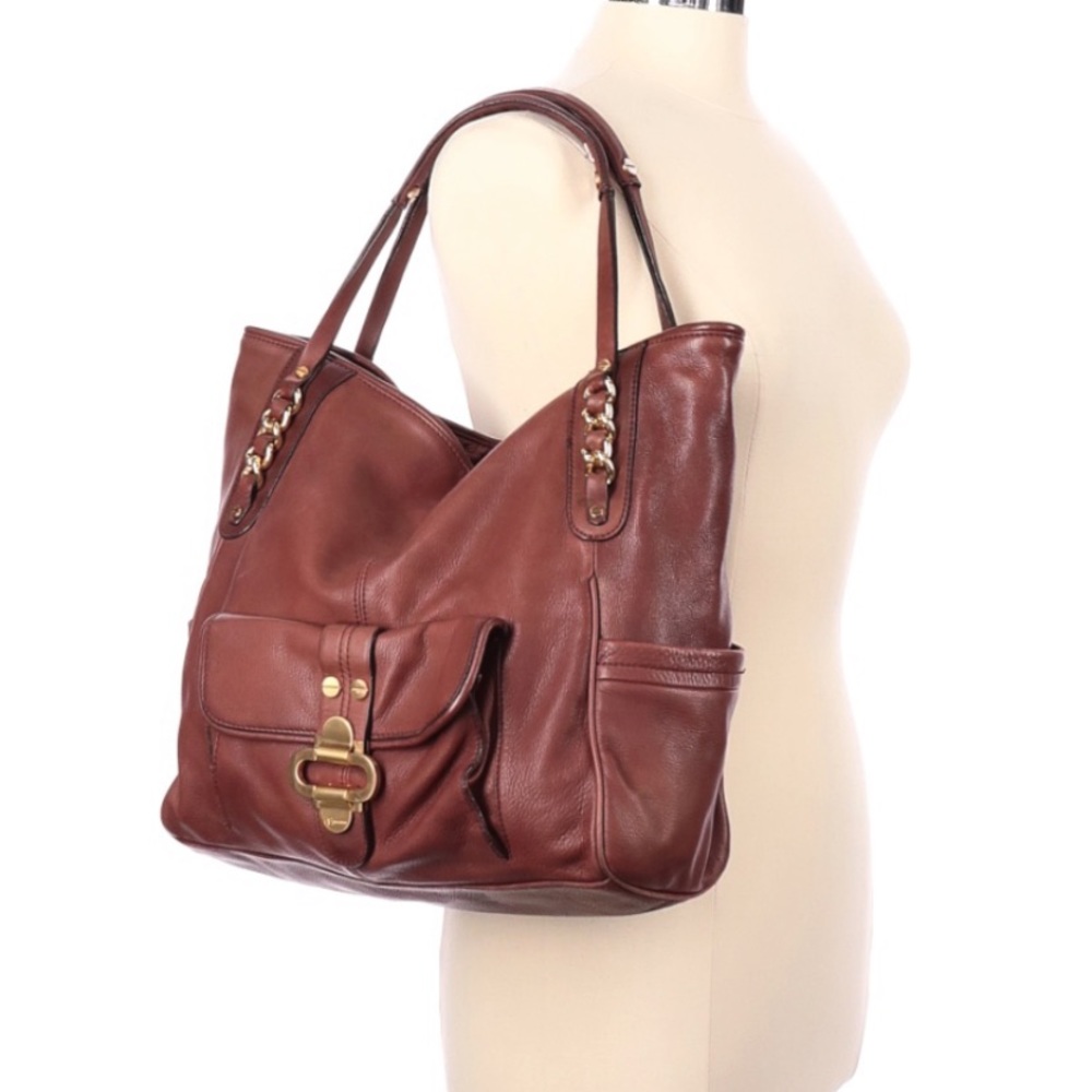 B. Makowski Large Satchel Chain Accent Cognac Substantial Quality Leather